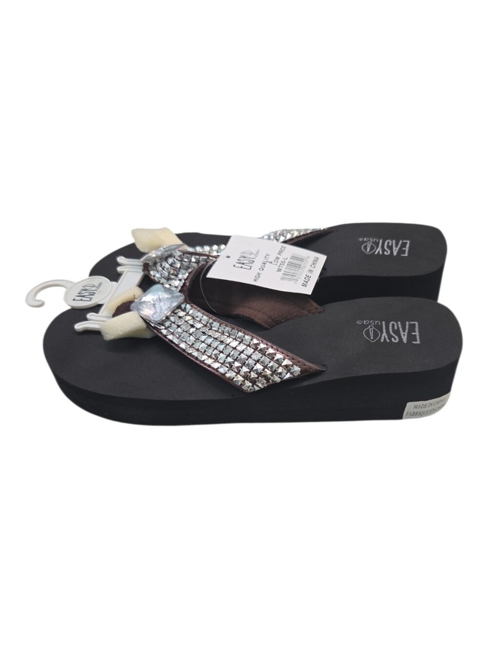 EASY usa Rhinestone Wedge Flip Flop Sandals NWT